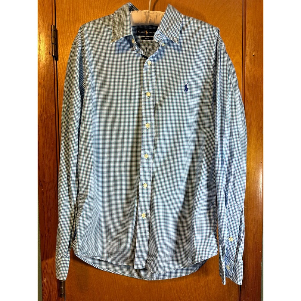 Ralph Lauren Blue and White Check Cotton Button-Down Shirt